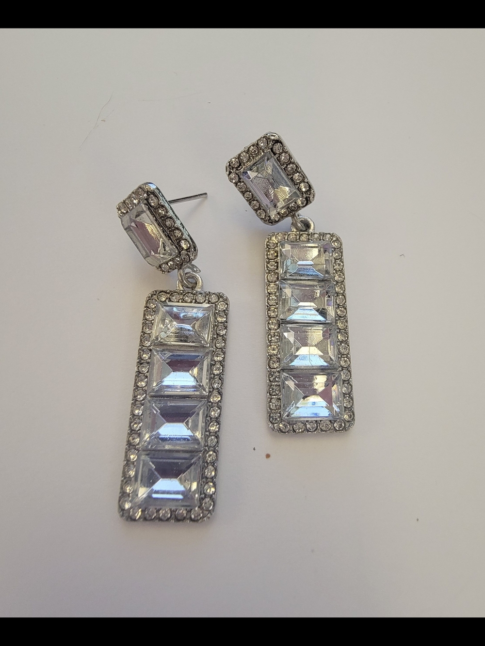 Crystal Drop Rectangle Dangle Earrings - Silver Tone